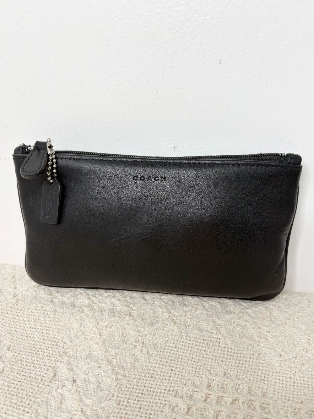 Y2K Vintage Coach Small Flat Cosmetic Case 6990 Black Leather Skinny Zip Pouch